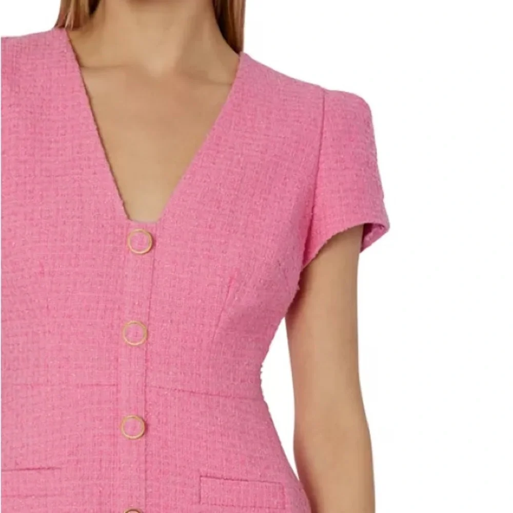 MILLY Genevie Pink Bouclé V Neck Dress  NWOT - Picture 7 of 13